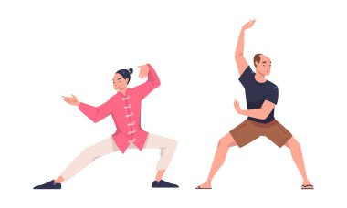 Tai Chi ve Qigong egzersizlerini Çin Dövüş Sanatları Vector Seti olarak uygulayan bir erkek karakteri. Genç Erkek Akıcı Hareket Konseptiyle Fiziksel Fitness Yapıyor