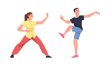 Erkek ve Kadın Karakterleri Tai Chi ve Qigong egzersizlerini Çin Dövüş Sanatları Vector Seti olarak uyguluyor. Genç Erkek ve Kadın Akıcı Hareket Konseptiyle Fiziksel Fitness Yapıyor