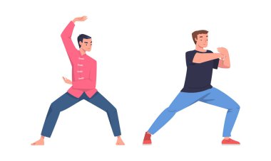 Tai Chi ve Qigong egzersizlerini Çin Dövüş Sanatları Vector Seti olarak uygulayan bir erkek karakteri. Genç Erkek Akıcı Hareket Konseptiyle Fiziksel Fitness Yapıyor