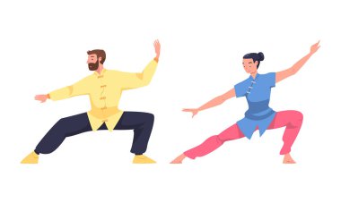 Erkek ve Kadın Karakterleri Tai Chi ve Qigong egzersizlerini Çin Dövüş Sanatları Vector Seti olarak uyguluyor. Genç Erkek ve Kadın Akıcı Hareket Konseptiyle Fiziksel Fitness Yapıyor