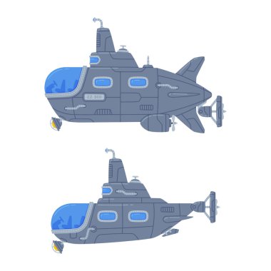 Denizaltı Su Gemisi ve Denizaltı Yüzme Sualtı Vektörü Seti. Periskop Konseptli Denizci Gemisi Silindirik Gövdeye ve Yelkenliye Sahip