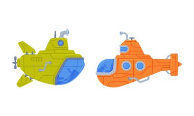 Porthole Sualtı Vector Set ile Renkli Denizaltı Su Gemisi. Periskop Konseptli Denizci Gemisi Silindirik Gövdeye ve Yelkenliye Sahip