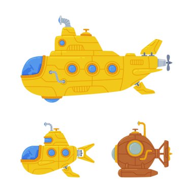 Colorful Submarine Watercraft with Porthole Swimming Underwater Vector Set. Marine Vessel Having Cylindrical Body and Sail with Periscope Concept clipart