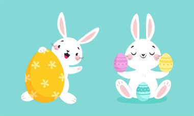 Beyaz Paskalya Tavşanı Mavi Arkaplanda Renkli Yumurta Vector Set. Sevimli Tavşan Hayvanı Mevsimsel Tatil Kutlaması Konsepti