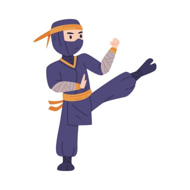 Ninja or Shinobi Character as Japanese Covert Agent or Mercenary in Shozoku Disguise Costume in Fighting Pose Vector Illustration. Trained Spy with Covered Face Engaged in Espionage and Surprise clipart