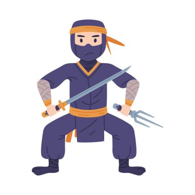 Ninja ya da Shinobi Karakteri Japon Gizli Ajanı ya da Shozoku Kılık Değiştiren Kılıçlı Paralı Asker Poz Vektörü İllüzyonu. Kapalı Yüzlü Eğitimli Casus Casusluk ve