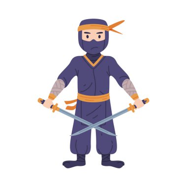 Ninja ya da Shinobi Karakteri Japon Gizli Ajanı ya da Shozoku Kılık Değiştiren Kılıçlı Paralı Asker Poz Vektörü İllüzyonu. Kapalı Yüzlü Eğitimli Casus Casusluk ve