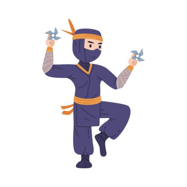Shuriken Vektör İllüstrasyonlu Shuriken Kılık Değiştirme Kostümlü Japon Gizli Ajanı ya da Paralı Asker olarak Ayakta Ninja ya da Shinobi Karakteri. Kapalı Yüzlü Eğitimli Casus Casusluk ve Sürprizlerle Mücadele Etti