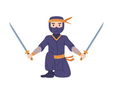 Ninja ya da Shinobi Karakteri Japon Gizli Ajanı ya da Shozoku Kılık Değiştiren Kılıçlı Paralı Asker Poz Vektörü İllüzyonu. Kapalı Yüzlü Eğitimli Casus Casusluk ve