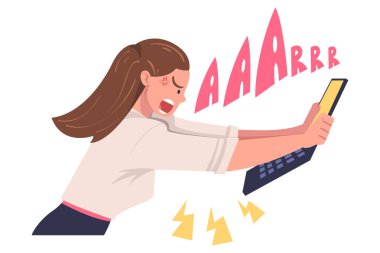 Öfkeli kadın ofis çalışanı. Yüzü haşat olmuş ve dizüstü bilgisayar vektörü illüstrasyonunu bozmuş. İşyerindeki Kızgın ve Çılgın Kadın Öfkeli Kavram