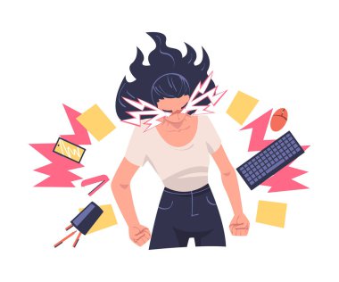 Öfkeli kadın ofis çalışanı, sert suratlı ve sıkılmış yumruklu. Vector Illustration 'un etrafındaki her şeyi kırıp döküyor. İşyerindeki Kızgın ve Çılgın Kadın Öfkeli Kavram