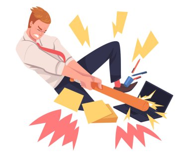 Öfkeli Adam Ofisi çalışanı. Yarasa Vektörü İllüstrasyonlu Şiddetli Yüzü Çökmüş ve Dizüstü Bilgisayarı Kırılmış. İşyerinde Öfkeli ve Çılgın Erkek Öfkeli Kavram