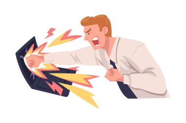 Öfkeli Adam Ofisi çalışanı. Yüzü Şiddetli Çarpışma ve Yumruk Vektörü İmajıyla Dizüstü Bilgisayar Kırma Ekranı. İşyerinde Öfkeli ve Çılgın Erkek Öfkeli Kavram