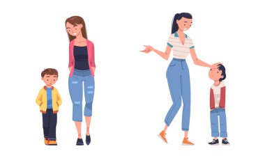 Anne konuşuyor ve oğluyla konuşuyor Soru Vektörü İllüzyon Seti 'ne cevap veriyor. Genç Ebeveynler Çocuk Konseptiyle İletişim ve Muhabbet Ettiler