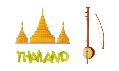 Wat Phra Kaew ve Bow Müzik Enstrümanı Tayland Sembolü ve Ünlü Landmark Vector Set. Siyam Asya Ülkesi Kavramının Kültürel ve Otantik Özniteliği