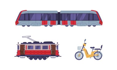 Türkiye Şehir Taşımacılık Vektörü Set Olarak Yolcu Treni, Tramvay ve Bisiklet. Geleneksel Türk Toplu Taşımacılık Konsepti