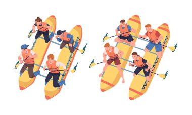 Erkek ve Kadın Şişme Rafting, Su Sporu Vektör Seti ile Kürek Çekiyor. Genç Erkek ve Kadın Hayat Kurtaran Yelek Gezintisinin Keyifli Dış Etkinliği