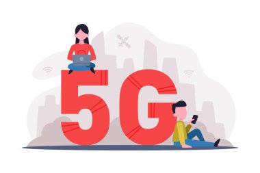 5G teknolojisi. Çalışmak için yüksek hızlı mobil interneti olan elektronik cihazlar kullanan insanlar, beyaz üzerinde izole edilmiş oyun ve iletişim çizgi film vektör çizimi