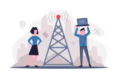 Ağ kablosuz teknoloji konsepti. İletişim kulesi kablosuz yüksek hızlı internet bağlantısı çizgi film vektör illüstrasyonu beyazda izole edildi