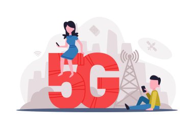 5G kablosuz teknoloji konsepti. Çalışmak, oyun oynamak ve iletişim için yüksek hızlı mobil internet kullanan insanlar beyaz üzerine izole edilmiş vektör çizimi