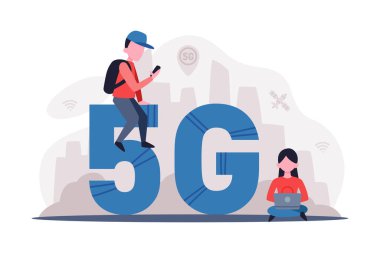 5G teknolojisi. Çalışmak, oyun oynamak ve iletişim için yüksek hızlı mobil internet kullanan insanlar beyaz üzerine izole edilmiş vektör çizimi