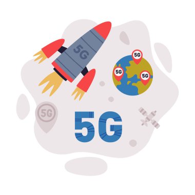 5G kablosuz internet kablosuz bağlantısı. Küresel ağ yüksek hız yenilik teknolojisi çizgi film vektör çizimi beyaz üzerine izole