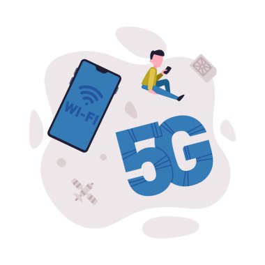 5G küresel ağ yüksek hızlı bağlantı. Çalışmak için yüksek hızlı mobil internet kullanan küçük kişi, çevrimiçi oyun ve iletişim vektör çizimi beyaza izole edildi