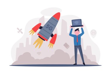 Kablosuz internet teknolojisi ve roket fırlatma. Yüksek hızlı mobil internet bağlantısı olan mobil cihaz kullanan kişi beyaz üzerinde izole edilmiş vektör çizimi