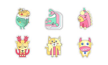 Sevimli Hayvan Etiketi ya da Komik Geyik, Kedi ve Balina Vector Seti ile Yama. Güzel Memeli Dekorasyon Etiketi