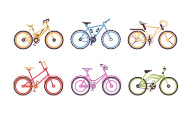 Different Bicycles or Cycle with Pedal and Two Wheels Attached to Frame Vector Set. Bikes as Street Human-powered Vehicle and Transport