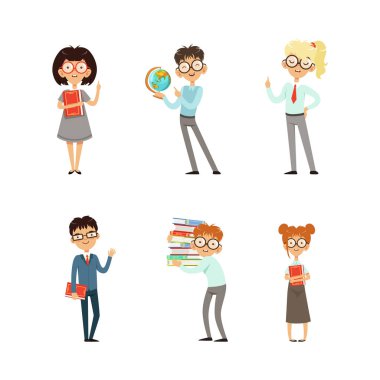 Komik Erkekler ve Kızlar Zeki Okul Çocukları Karakteri rolünde Gözlüklü Vector Set. Kitap okuyan zeki ergen öğrenciler.