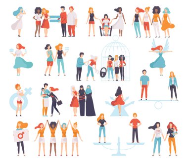 Cinsiyet eşitliği açısından eşit haklara sahip erkek ve kadın büyük vektör kümesi. Kadın Özgürlüğü ve Fırsata Erişim Konsepti Yetkisi