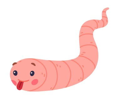 Uzun Tüp Vücut Gösteren Dil Vektörü İllüstrasyonlu Komik Pembe Solucan Karakteri. Tatlı Sürünen Hayvan