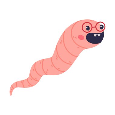 Gözlüklü Uzun Tüp Vücutlu Komik Pembe Solucan Karakteri Yüksek Sesli Vektör İllüstrasyonu. Tatlı Sürünen Hayvan