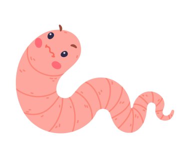 Uzun Tüp Vücut Vektörü İllüstrasyonlu Komik Pembe Solucan Karakteri. Tatlı Sürünen Hayvan