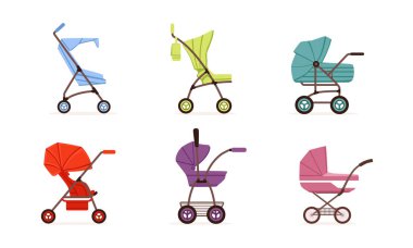 Bebek Arabası ya da Bebek Arabası Çocuk Vektör Seti Taşıma Şirketi. Bebek ve Yeni Doğanlar için Tekerlekli Renkli Taşıyıcı