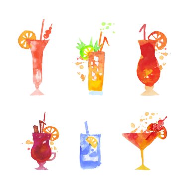 Suluboya Kokteyl, Yaz Canlandırıcı İçecekler Vektör Seti olarak Saman ile Bardağa Döküldü. Meyve Soğuk Tropikal İçecek Konsepti