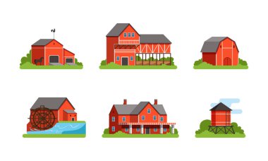 Kırmızı Keresteli Çiftlik Binası ve Altyapısı Yeşil Çim Vektör Seti 'nde dinleniyordu. Tarım ve Kırsal İnşaat Konsepti