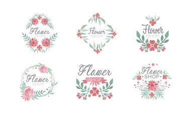 Çiçekçi Dükkanı Yazıtı ve Çiçek Renkli Çiçek Kompozisyonu ve Çiçek Vektörü Set. Dekoratif Düzenlemeli Çiçek Mağazası Etiketi