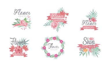 Çiçekçi Dükkanı Yazıtı ve Çiçek Renkli Çiçek Kompozisyonu ve Çiçek Vektörü Set. Dekoratif Düzenlemeli Çiçek Mağazası Etiketi