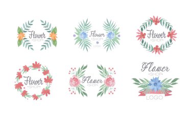 Çiçekçi Dükkanı Yazıtı ve Çiçek Renkli Çiçek Kompozisyonu ve Çiçek Vektörü Set. Dekoratif Düzenlemeli Çiçek Mağazası Etiketi