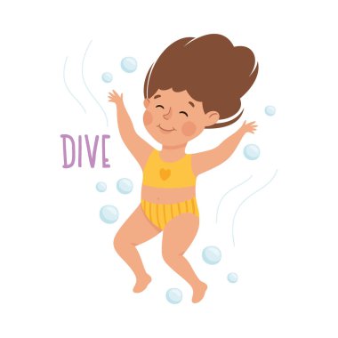 Suya Atlayan Küçük Kız Sözcük Hazinesi Gösterimi ve Vektör İllüzyonu Çalışan Fiil. İngilizce Öğrenen Sevimli Çocuk İlköğretim Eğitiminde Nişanlandı