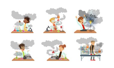 Başarısız Deney Vektörü Seti 'nden sonra Kimyasallarla Patlamış Mataralı Çocuk Bilimadamı. Bilim Laboratuvarındaki Çocuklar Kimya Tepkimesini Test Ediyor