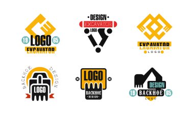 Kazı Kazıcı ve İnşaat Ağır Makineleri Logosu Tasarım Vektörü Set. Kazı için Endüstriyel Ekipman Etiketi