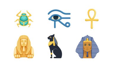 Horus 'un Gözü, Scarab Böceği, Ankh, Kara Kedi Heykeli, Firavun ve Sfenks Vektör Kümesi olan Mısır Sembolleri. Mısır ve Kültür Eseri 'nin Meşhur Etnik Özniteliği