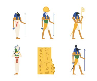 Antik Mısır Tanrısı ve Tanrısı Anubis, Bastet, Ra, Thoth, Osiris ve Taştan oyma Vector Set ile. Mısır ve Kültür Eseri 'nin Meşhur Etnik Özniteliği