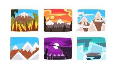 Mountain Peak ve Summit Picture View with Sky and Trees Vector Set. Yükselen Yüksek Kaya veya Yığın Kavramı