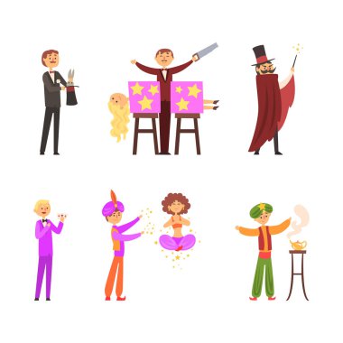İllüzyonist, Sihirbaz ya da Sihirbaz Top Hat ve Testere Vektör Seti ile Numara Gösterimi. Sahnedeki Adam Sihirbazlık ve İllüzyon Gösteriyor