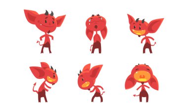Sivri dişleri, kuyruğu ve boynuzları olan Şeytani Karakter olarak Küçük Kırmızı Şeytan ya da İblis. Kötü Yaratık ve Kötü Canavar Farklı Duygular
