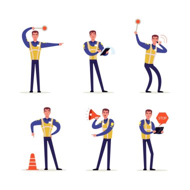 Trafik Kuralları Vektörü 'nün Yelek Giyen Polis Memuru. Üniformalı Genç Erkek Sokak Polisi İşaret Veriyor